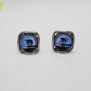 Vintage Morpho Butterfly Wing Tropical Beach Palm Tree Screw Back Earrings